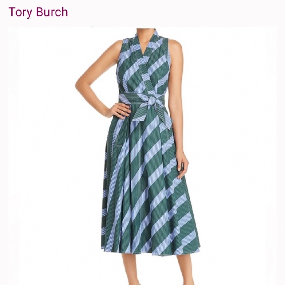 Tory Burch Green and Blue printed diagonal wrap Dress